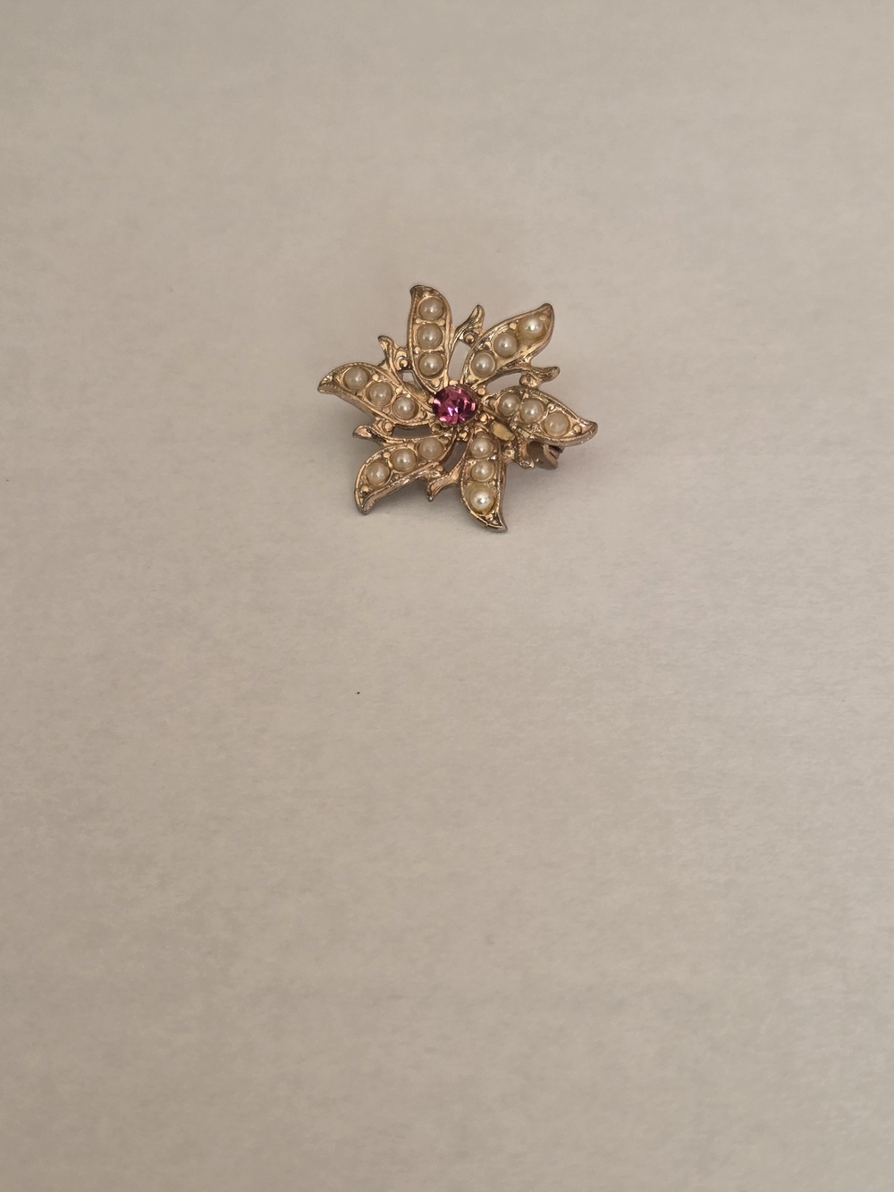 Gold-Tone Pearl Brooch with Pink Center